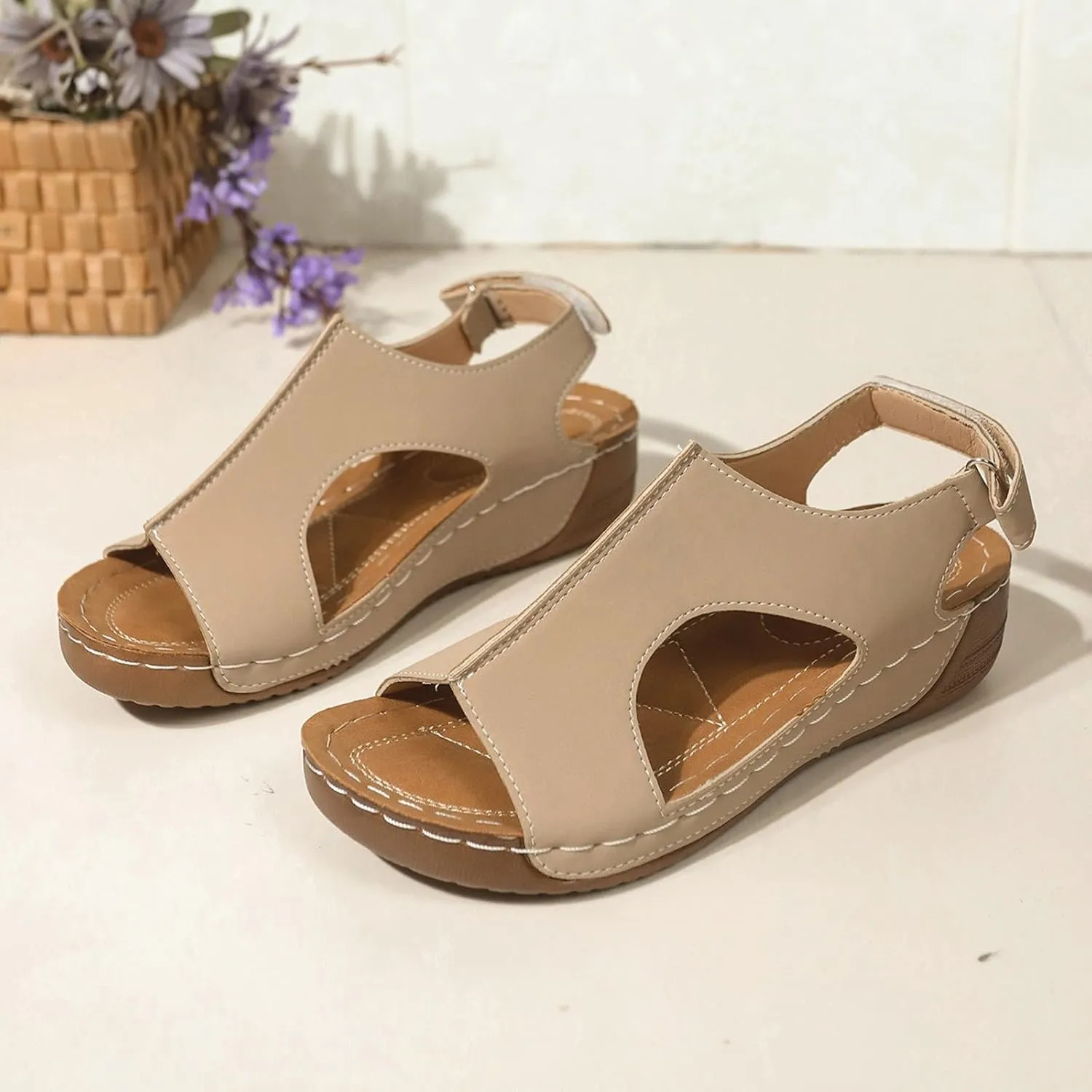 SuanlaTDS Orthopedic Wedge Sandals for Women 2025 Dressy Summer Platform Comfortable Aech Support Open Toe Boho Outdoor Walking Shoes Beach Casual Hook Loop Ankle Strap Low Heels Sandals