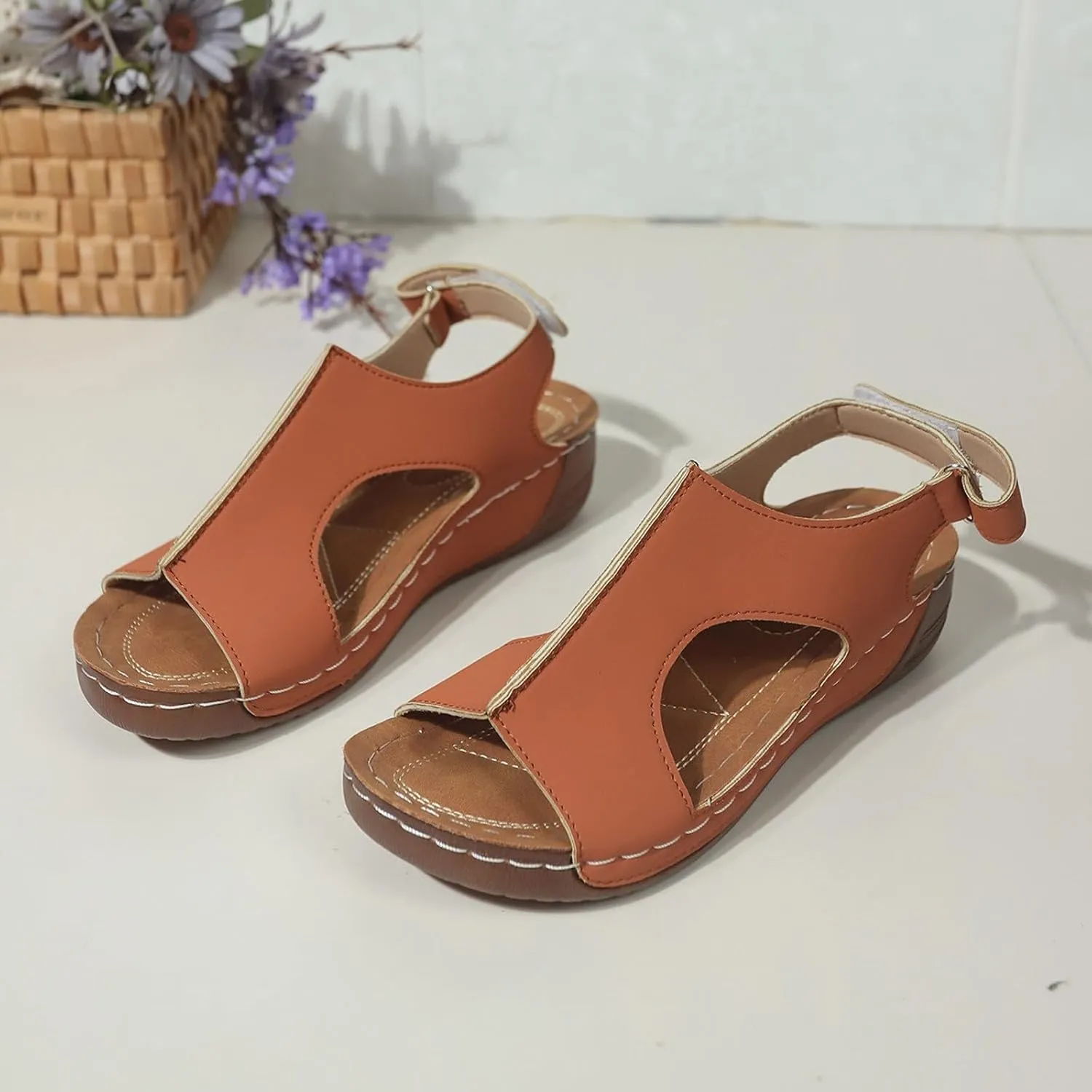 SuanlaTDS Orthopedic Wedge Sandals for Women 2025 Dressy Summer Platform Comfortable Aech Support Open Toe Boho Outdoor Walking Shoes Beach Casual Hook Loop Ankle Strap Low Heels Sandals