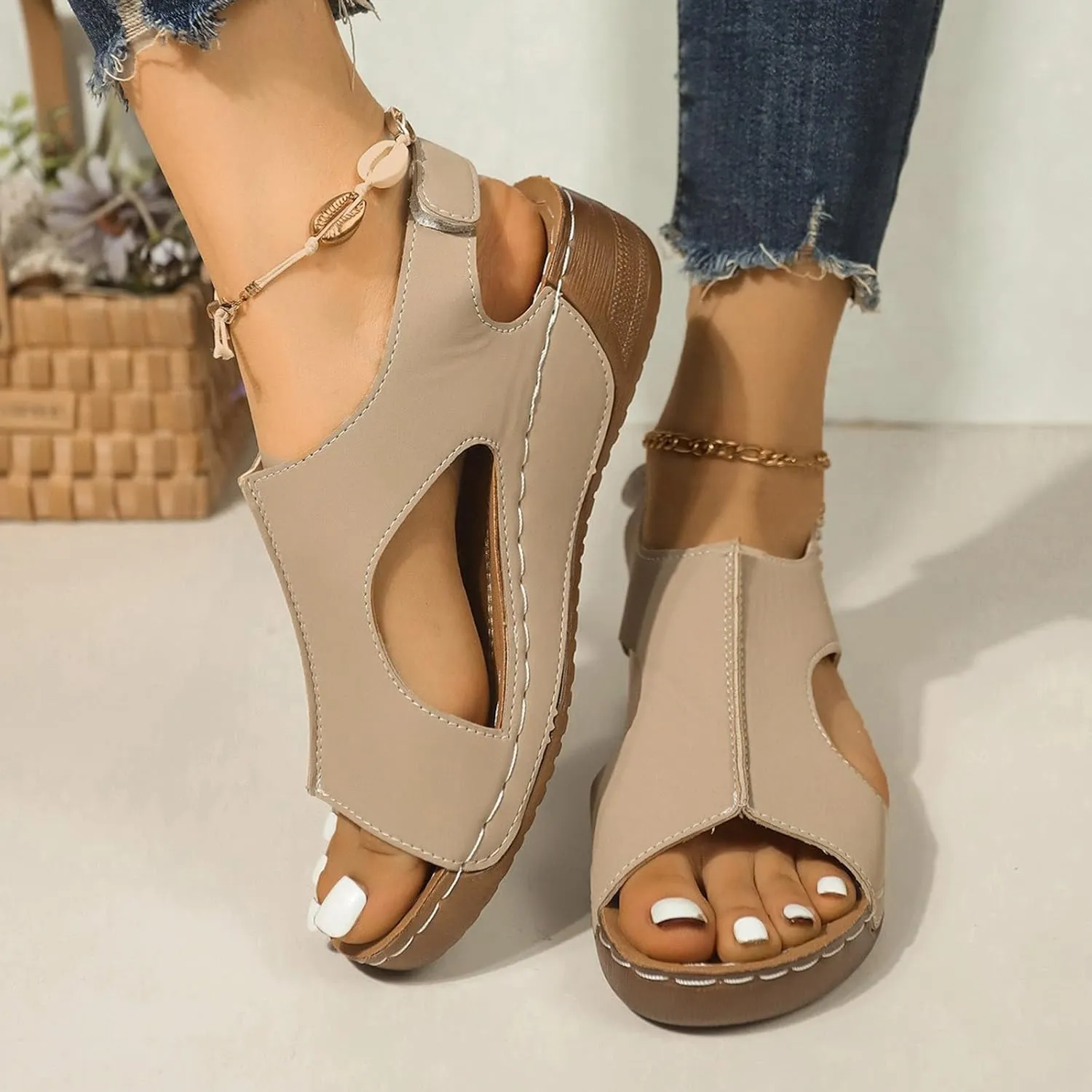 SuanlaTDS Orthopedic Wedge Sandals for Women 2025 Dressy Summer Platform Comfortable Aech Support Open Toe Boho Outdoor Walking Shoes Beach Casual Hook Loop Ankle Strap Low Heels Sandals