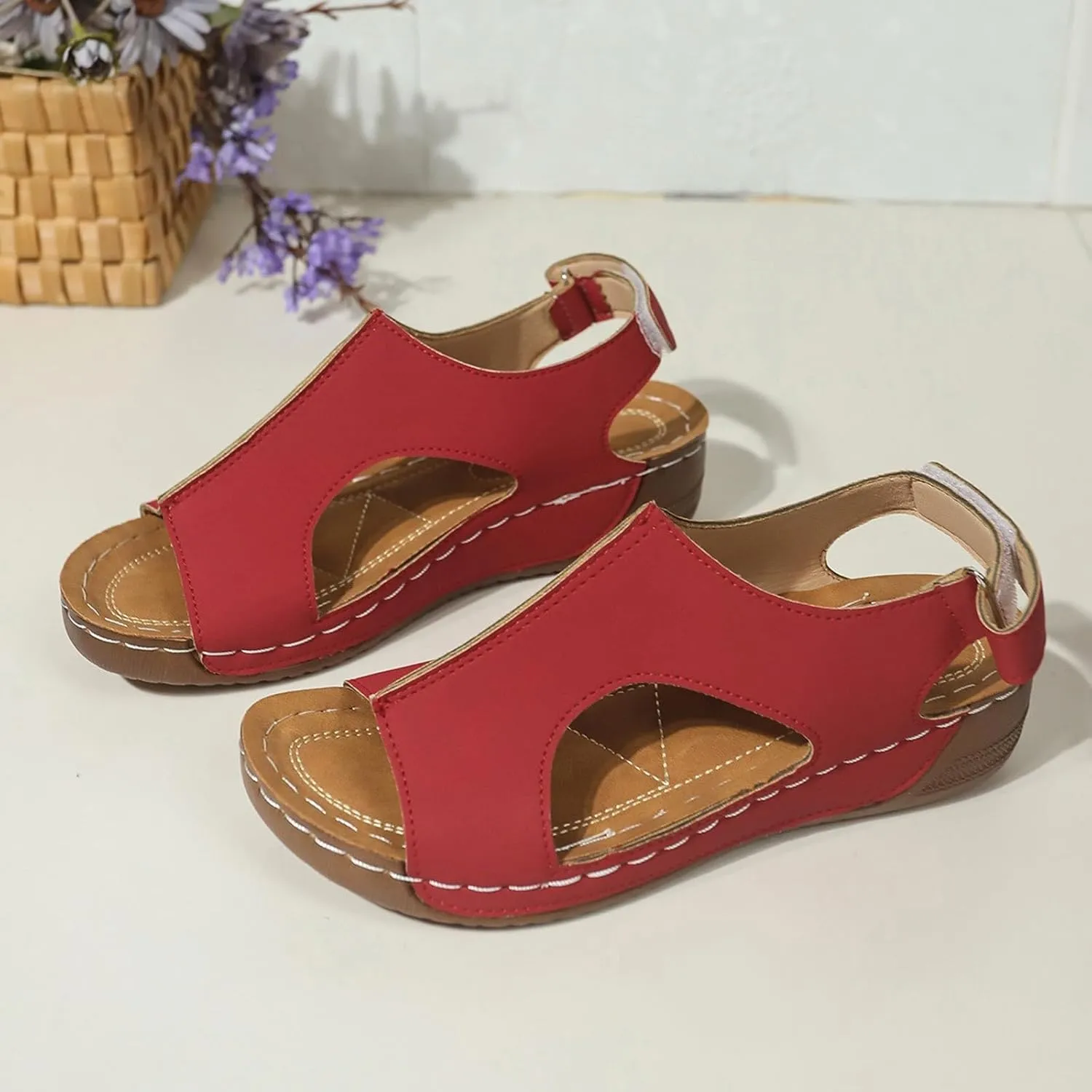 SuanlaTDS Orthopedic Wedge Sandals for Women 2025 Dressy Summer Platform Comfortable Aech Support Open Toe Boho Outdoor Walking Shoes Beach Casual Hook Loop Ankle Strap Low Heels Sandals