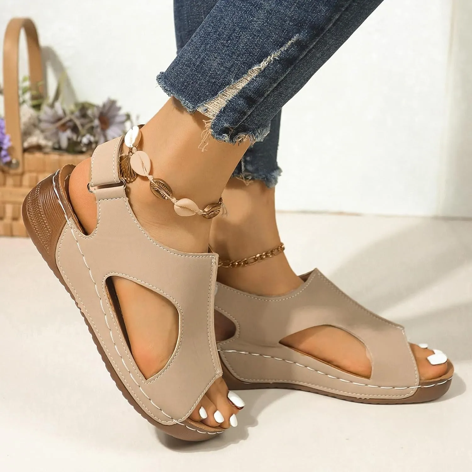 SuanlaTDS Orthopedic Wedge Sandals for Women 2025 Dressy Summer Platform Comfortable Aech Support Open Toe Boho Outdoor Walking Shoes Beach Casual Hook Loop Ankle Strap Low Heels Sandals