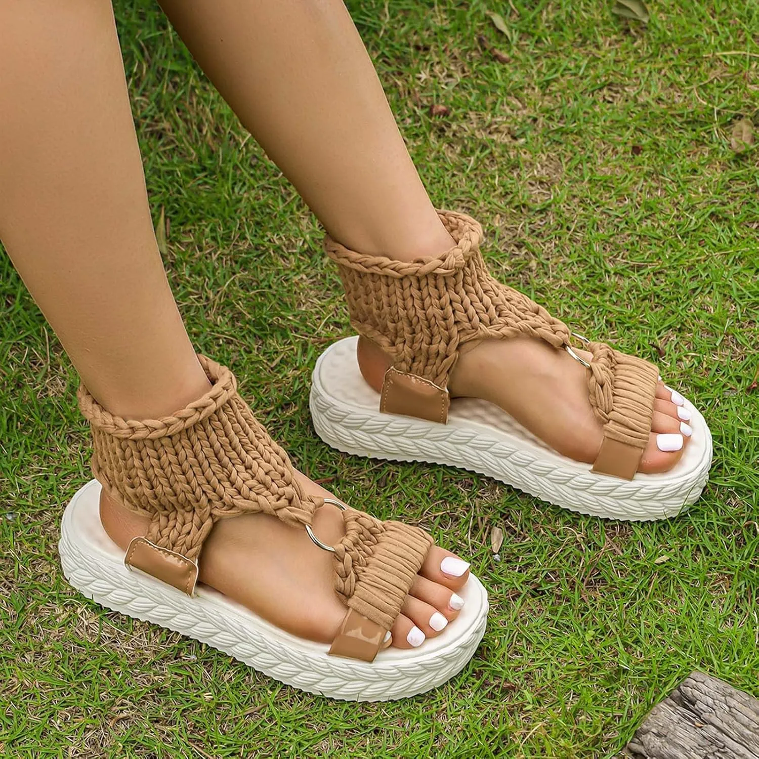 SuanlaTDS PlatformSandals for Women Comfortable Knitted Ankle Wrap Open Toe Slip On Slides Thick Sole Low heels Casual Summer Beach Outdoor Walking Gladiator Sandal Roman Shoes
