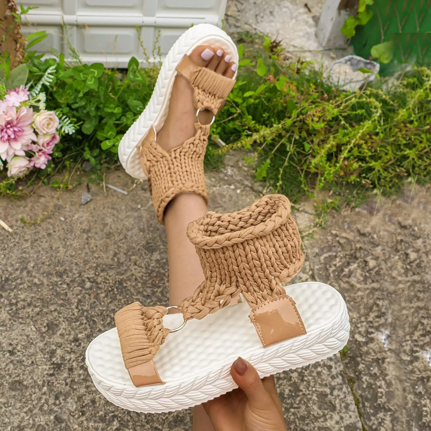 SuanlaTDS PlatformSandals for Women Comfortable Knitted Ankle Wrap Open Toe Slip On Slides Thick Sole Low heels Casual Summer Beach Outdoor Walking Gladiator Sandal Roman Shoes