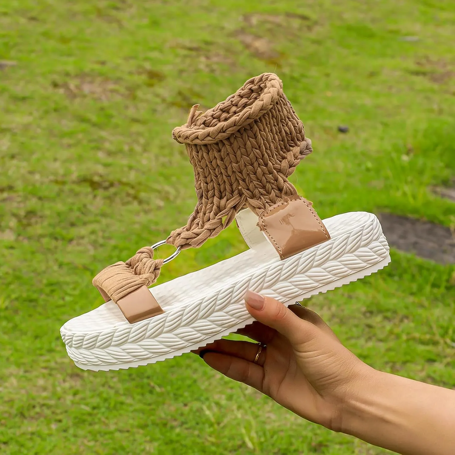 SuanlaTDS PlatformSandals for Women Comfortable Knitted Ankle Wrap Open Toe Slip On Slides Thick Sole Low heels Casual Summer Beach Outdoor Walking Gladiator Sandal Roman Shoes
