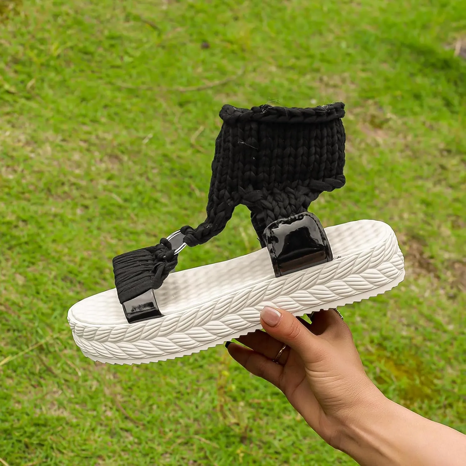 SuanlaTDS PlatformSandals for Women Comfortable Knitted Ankle Wrap Open Toe Slip On Slides Thick Sole Low heels Casual Summer Beach Outdoor Walking Gladiator Sandal Roman Shoes