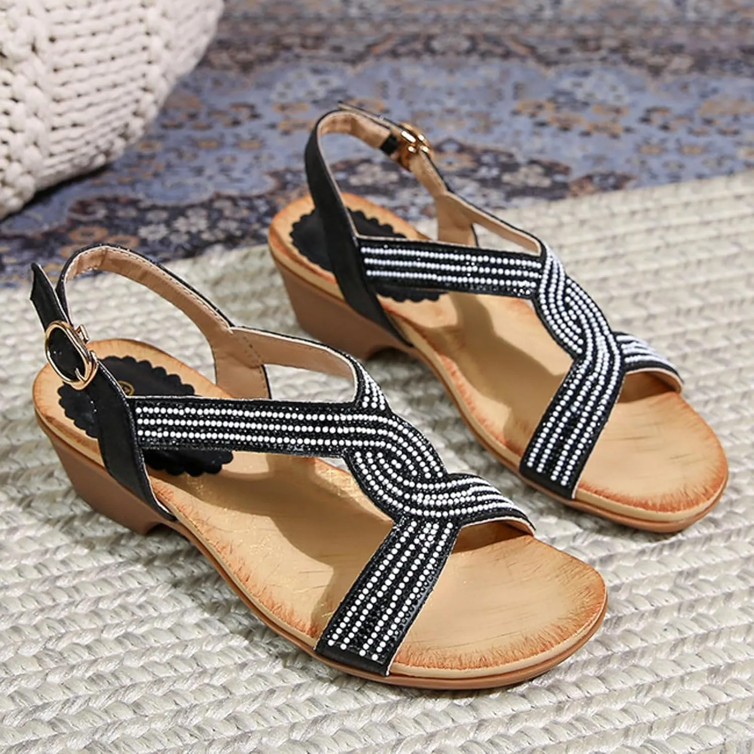 SuanlaTDS Rhinestone Sandals For Women Dressy 2025 Wedge Open Toe Ankle Strap Comfortable Low Heel Vacation Summer Casual Boho Sexy Beach Shoes Party Prom Formal Wedding Heeled Sandal