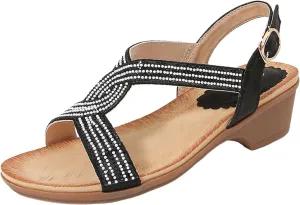 SuanlaTDS Rhinestone Sandals For Women Dressy 2025 Wedge Open Toe Ankle Strap Comfortable Low Heel Vacation Summer Casual Boho Sexy Beach Shoes Party Prom Formal Wedding Heeled Sandal