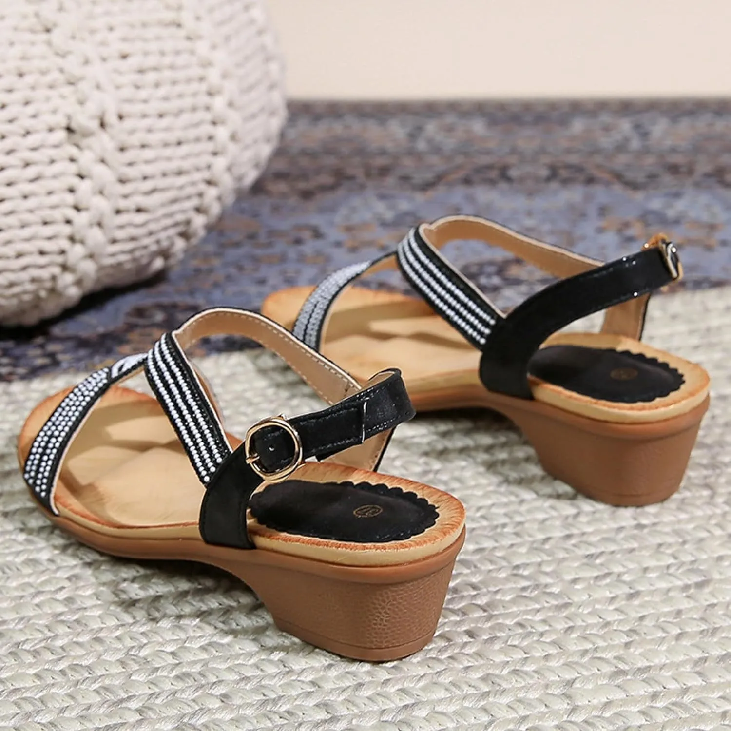 SuanlaTDS Rhinestone Sandals For Women Dressy 2025 Wedge Open Toe Ankle Strap Comfortable Low Heel Vacation Summer Casual Boho Sexy Beach Shoes Party Prom Formal Wedding Heeled Sandal