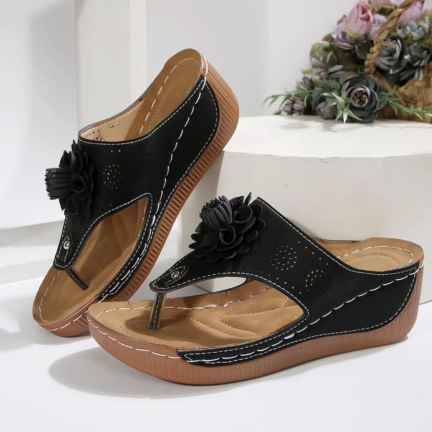 SuanlaTDS Wedge Flip Flops for Women Orthopedic Sandals Dressy Summer 2025 Open Toe Platform Casual Boho Slip-on Slides Slippers Beach Dress Comfortable Daily Wear Outdoor Walking Shoes