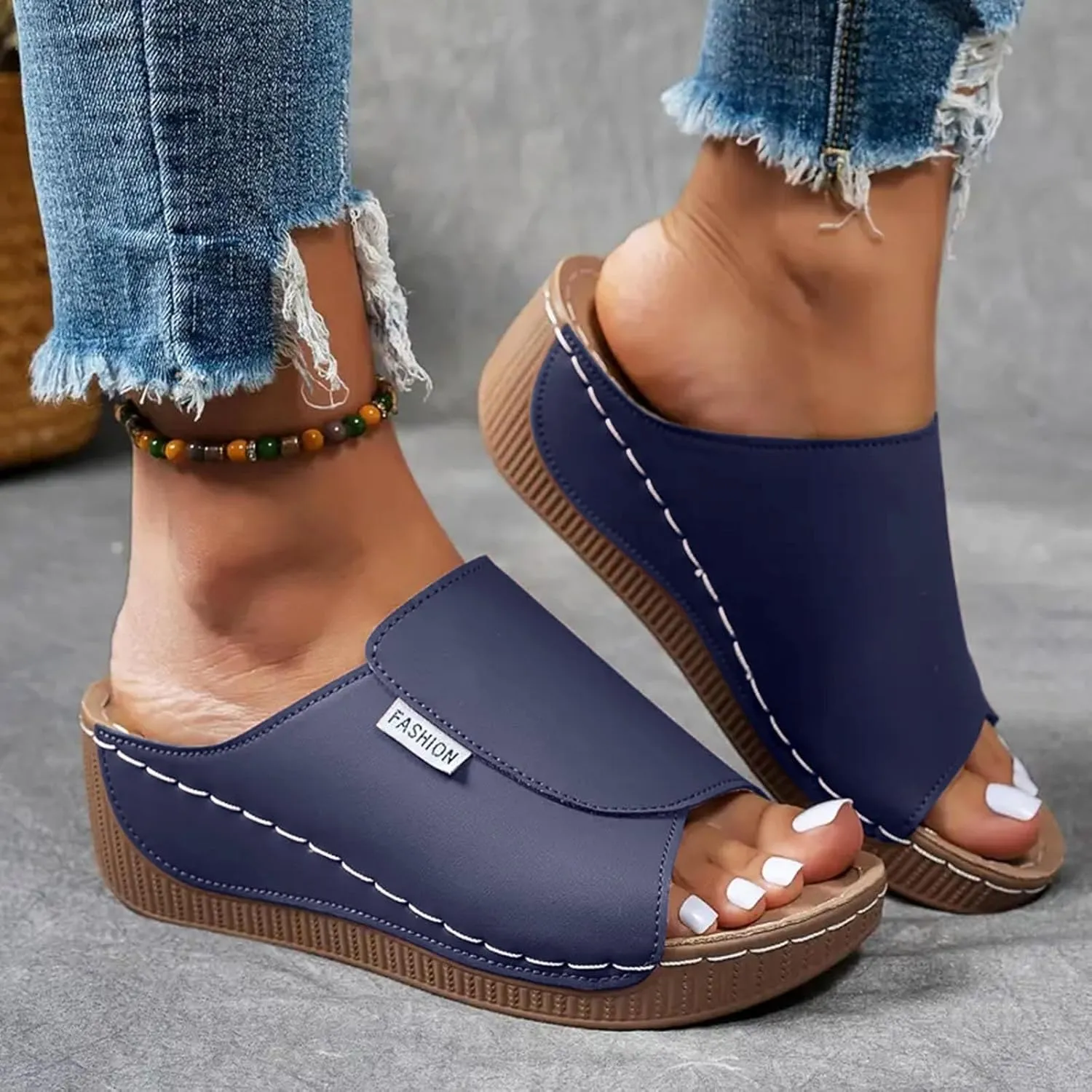 SuanlaTDS Wedge Sandals for Women 2025 Summer Orthopedic Arch Support Mid Heels Platform Slip-on Comfortable Walking Shoes Wide Width Open Toe Bohemian Beach Wedding Dressy Outdoor Slippers