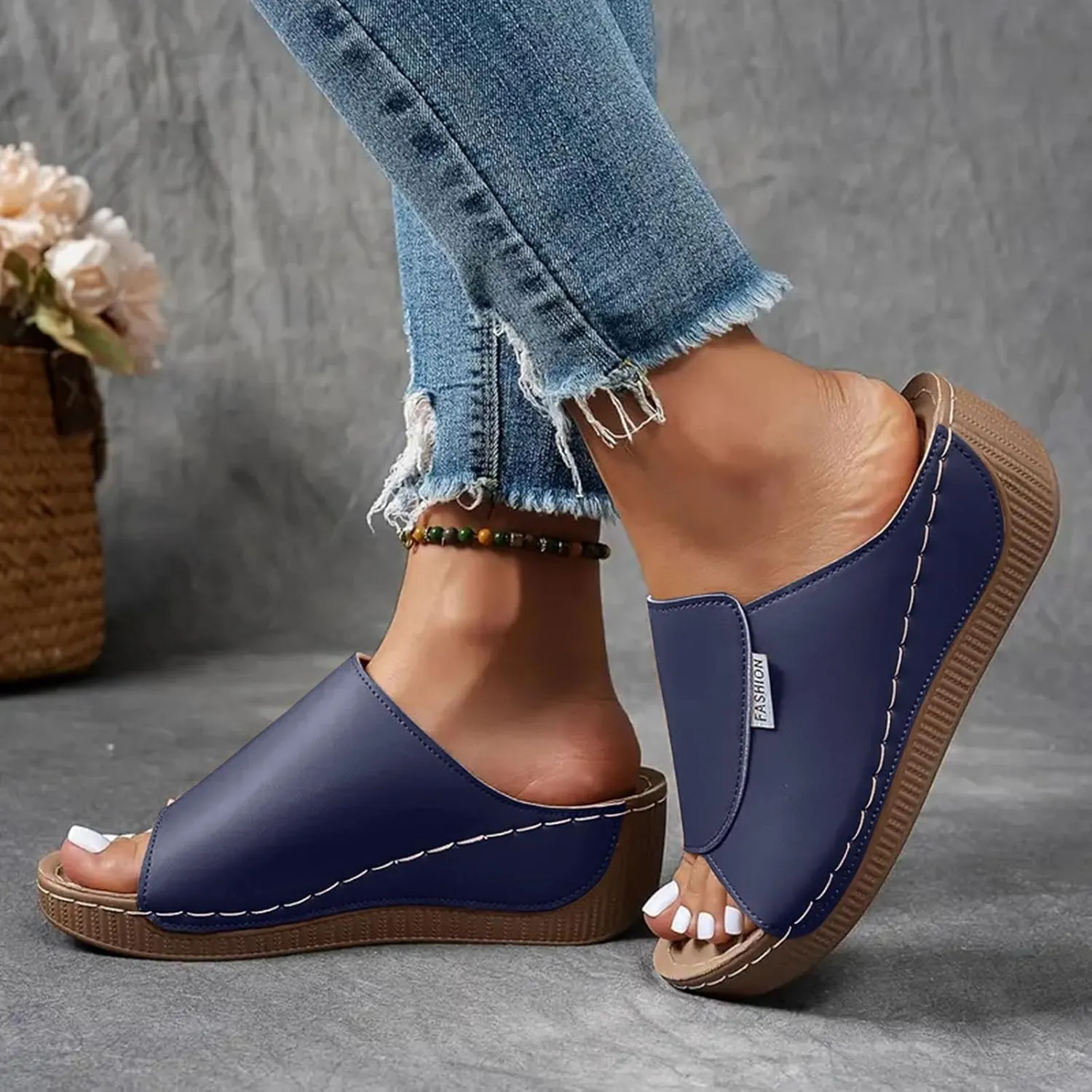 SuanlaTDS Wedge Sandals for Women 2025 Summer Orthopedic Arch Support Mid Heels Platform Slip-on Comfortable Walking Shoes Wide Width Open Toe Bohemian Beach Wedding Dressy Outdoor Slippers
