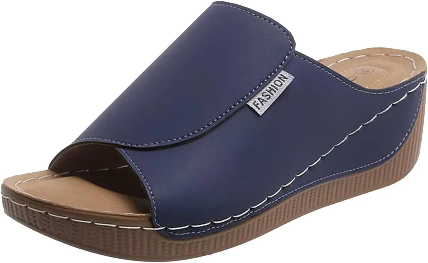 SuanlaTDS Wedge Sandals for Women 2025 Summer Orthopedic Arch Support Mid Heels Platform Slip-on Comfortable Walking Shoes Wide Width Open Toe Bohemian Beach Wedding Dressy Outdoor Slippers