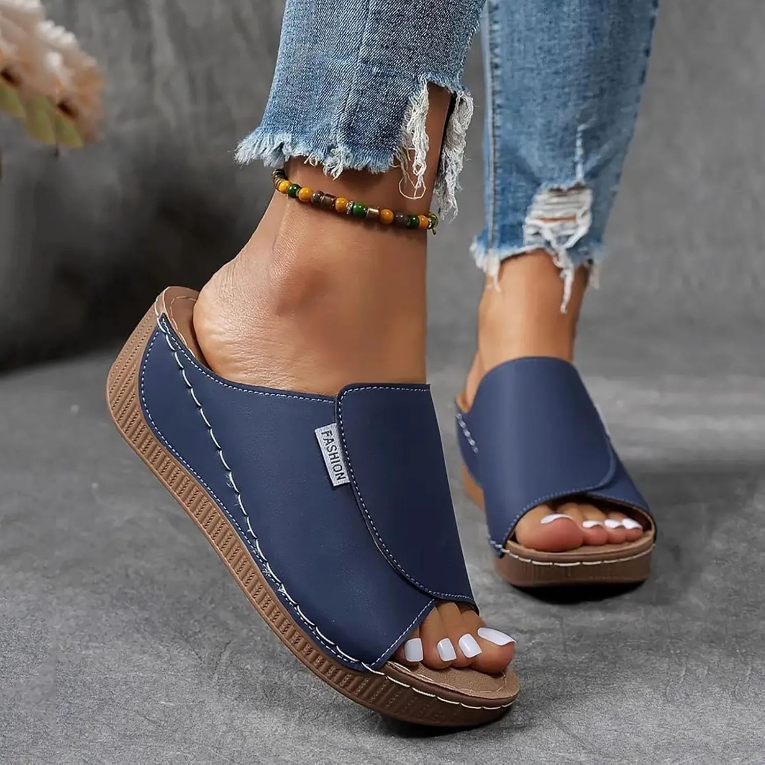 SuanlaTDS Wedge Sandals for Women 2025 Summer Orthopedic Arch Support Mid Heels Platform Slip-on Comfortable Walking Shoes Wide Width Open Toe Bohemian Beach Wedding Dressy Outdoor Slippers