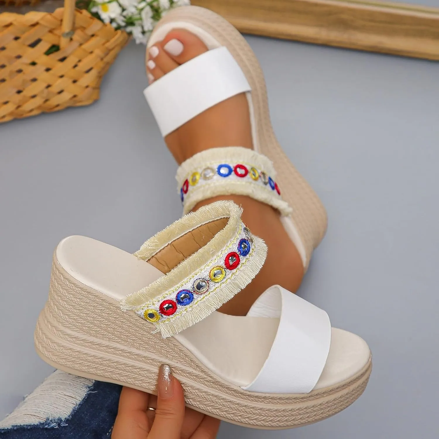 SuanlaTDS Wedge Sandals for Women Dressy Summer Comfortable Platform Tassels Strap Open Toe Slip On Slides Casual Outdoor Beach Boho Chunky High Heels Slide Sandal for Party Prom