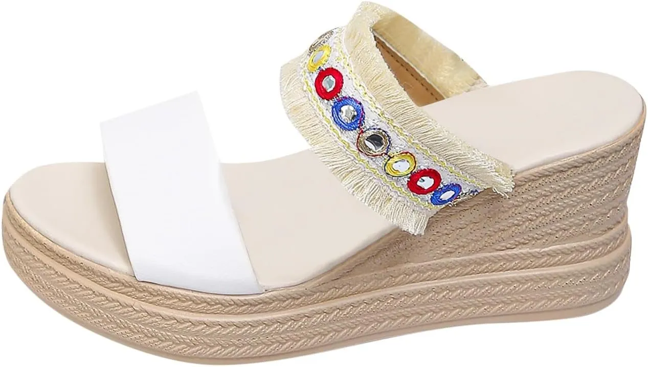 SuanlaTDS Wedge Sandals for Women Dressy Summer Comfortable Platform Tassels Strap Open Toe Slip On Slides Casual Outdoor Beach Boho Chunky High Heels Slide Sandal for Party Prom