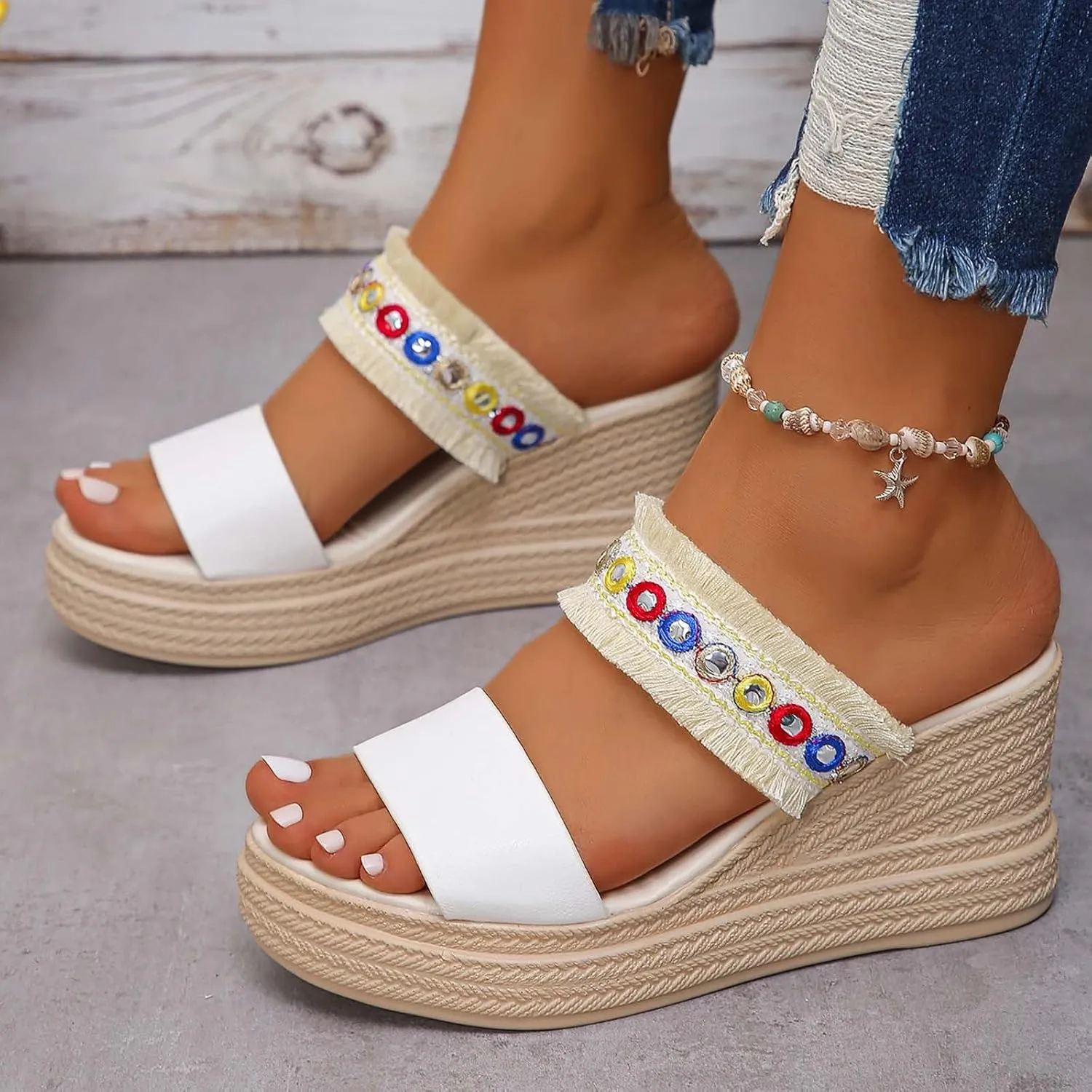 SuanlaTDS Wedge Sandals for Women Dressy Summer Comfortable Platform Tassels Strap Open Toe Slip On Slides Casual Outdoor Beach Boho Chunky High Heels Slide Sandal for Party Prom