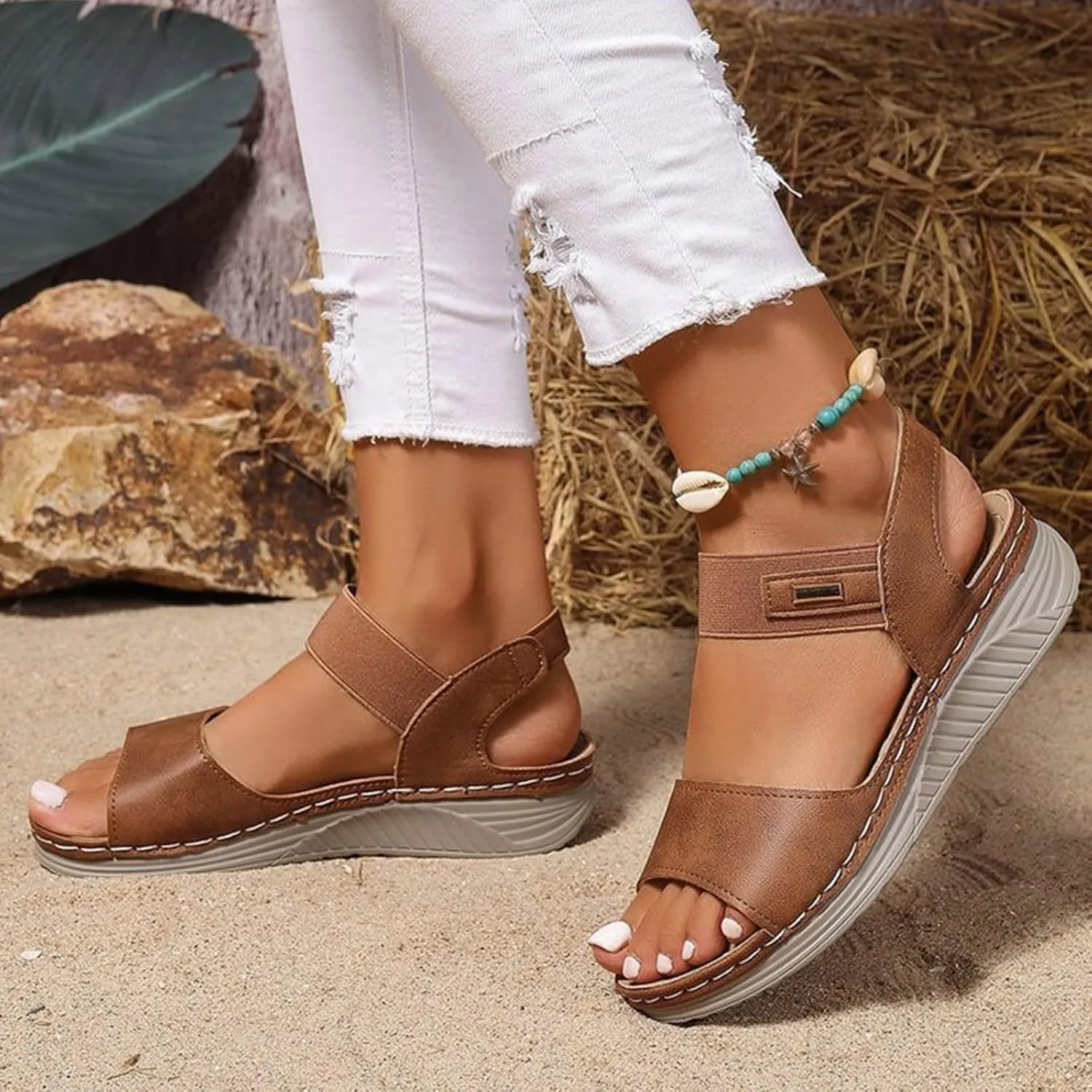 SuanlaTDS Wedge Sandals for Women Dressy Summer Open Toe Platform Wedges Adjustable Ankle Strap Comfortable Walking Shoes with Arch Support Boho Casual Low Heels Outdoor Sandals