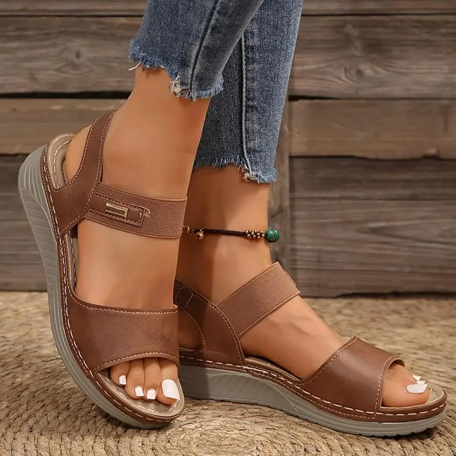SuanlaTDS Wedge Sandals for Women Dressy Summer Open Toe Platform Wedges Adjustable Ankle Strap Comfortable Walking Shoes with Arch Support Boho Casual Low Heels Outdoor Sandals
