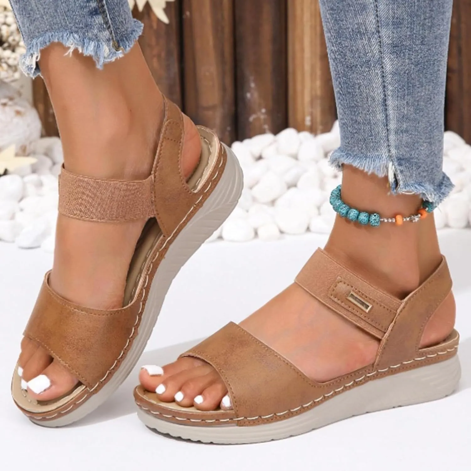 SuanlaTDS Wedge Sandals for Women Dressy Summer Open Toe Platform Wedges Adjustable Ankle Strap Comfortable Walking Shoes with Arch Support Boho Casual Low Heels Outdoor Sandals