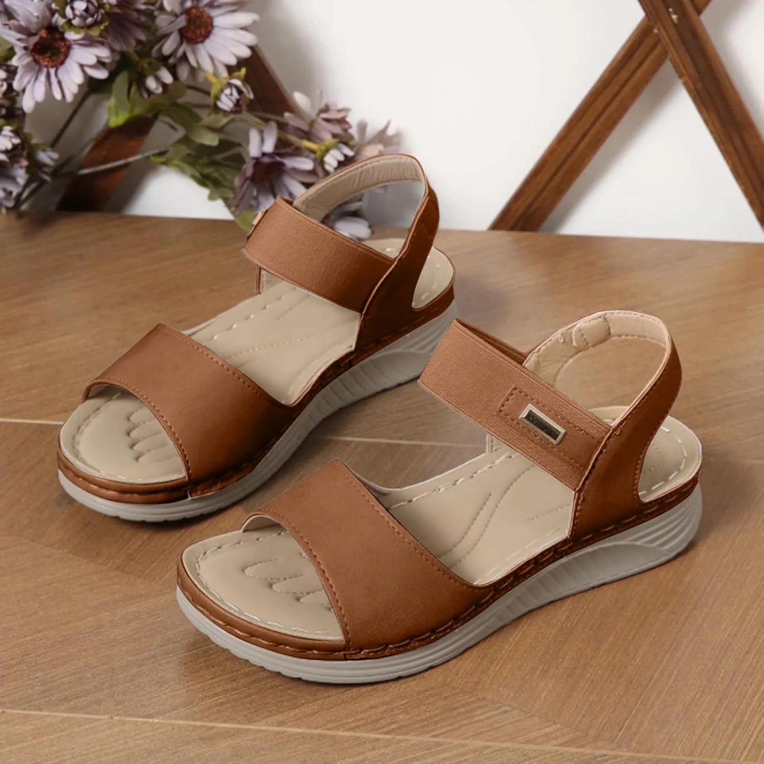 SuanlaTDS Wedge Sandals for Women Dressy Summer Open Toe Platform Wedges Adjustable Ankle Strap Comfortable Walking Shoes with Arch Support Boho Casual Low Heels Outdoor Sandals