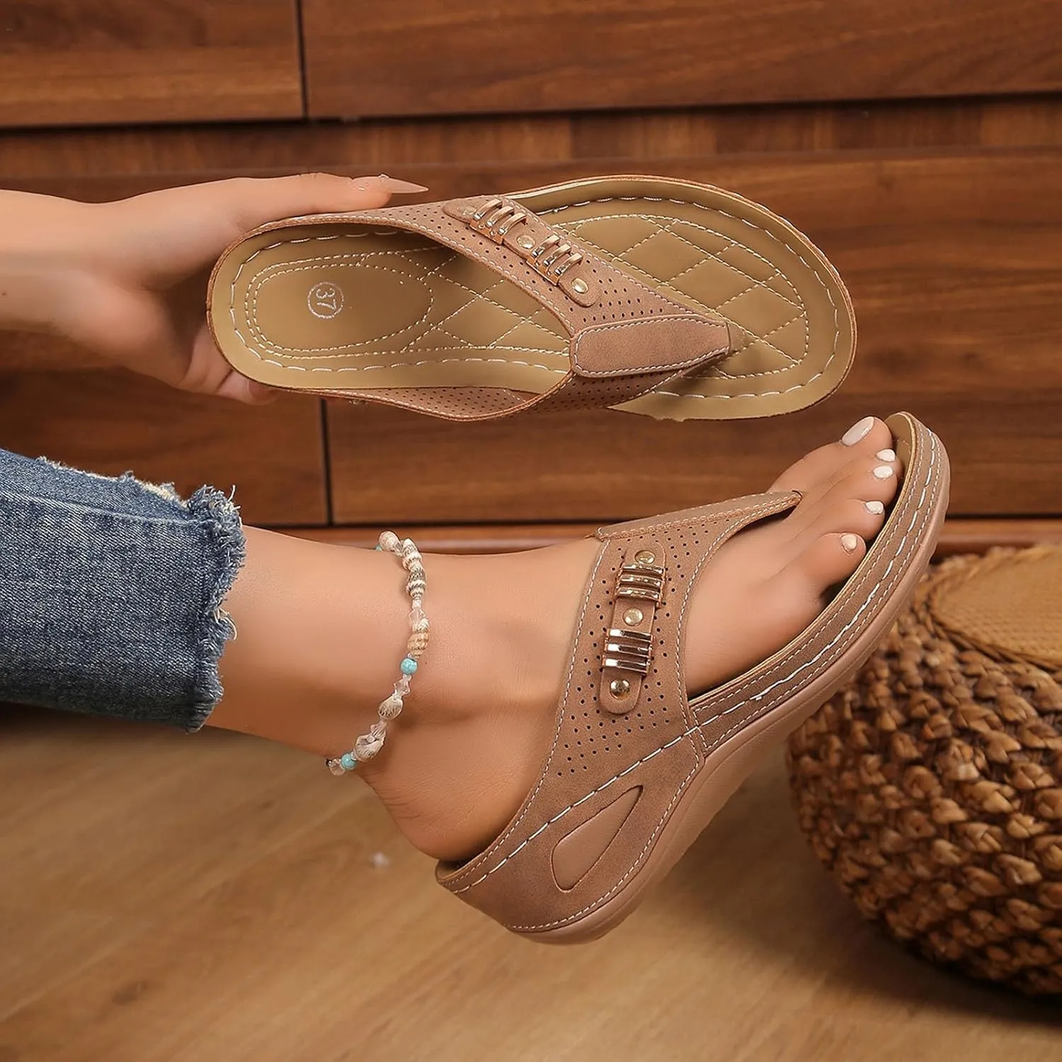 SuanlaTDS Wedge Sandals for Women Orthopedic Flip Flops 2025 Comfortable Arch Support Slip-on Slides Summer Dressy Open Toe Footwear Walking Shoes Platform Boho Beach Outdoor Wedges Sandal