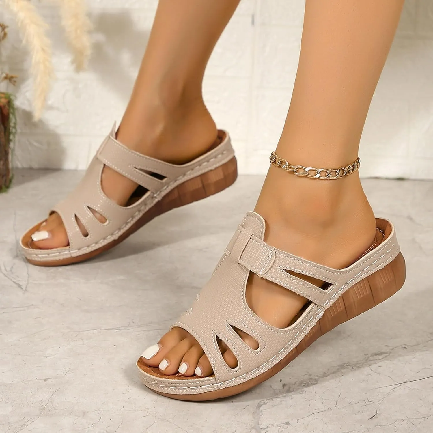 SuanlaTDS Wedge Sandals for Women Orthopedic Slip On Platform Hollow Out Open Toe Slides 2025 Summer Walking Shoes Dressy Comfortable Arch Support Boho Beach Outdoor Party Slide Sandal