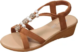 SuanlaTDS Wedge Sandals for Women Summer Dressy 2025 Platform Slip-on Slides Comfortable Walking Beach Shoes Wedding Outdoor Party Bohemian Elastic Ankle Strap Low Heel Wedges Sandal
