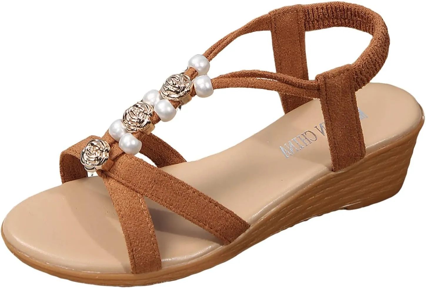 SuanlaTDS Wedge Sandals for Women Summer Dressy 2025 Platform Slip-on Slides Comfortable Walking Beach Shoes Wedding Outdoor Party Bohemian Elastic Ankle Strap Low Heel Wedges Sandal