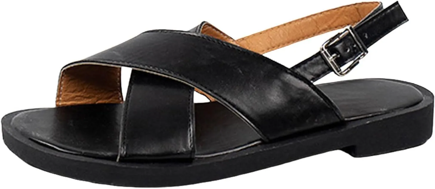 SuanlaTDS Women's Flat Sandals 2025 Dressy Summer Crisscross Open Toe Buckle Ankle Strap Slides Casual Comfortable Outdoor Bohemian Slip-on Walking Beach Wedges Shoes for Wedding Party