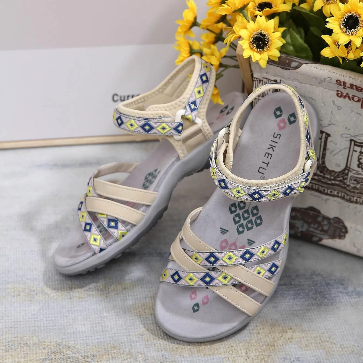 SuanlaTDS Womens Flat Sandals Comfortable Arch Support Wedge Low Heels Orthopedic Sandals Lightweight Summer Beach Boho Platform Adjustable Ankle Strap Wedges Outdoor Walking Shoes