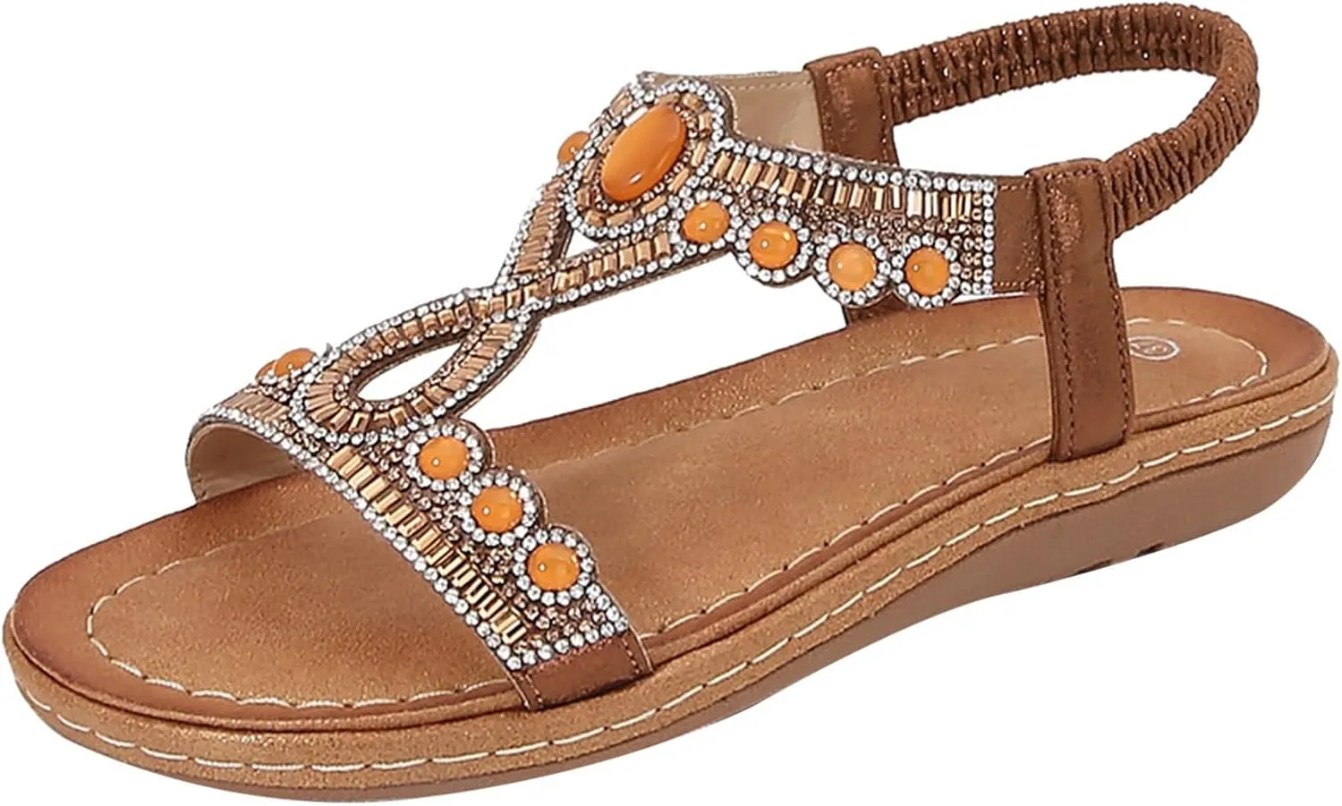 SuanlaTDS Womens Flat Sandals Dressy Rhinestone T-strap Open Toe Low Wedges Heel Elastic Ankle Strap Slip-on Slides 2025 Summer Thick Sole Boho Beach Shoes Party Wedding Bride Flats Sandal