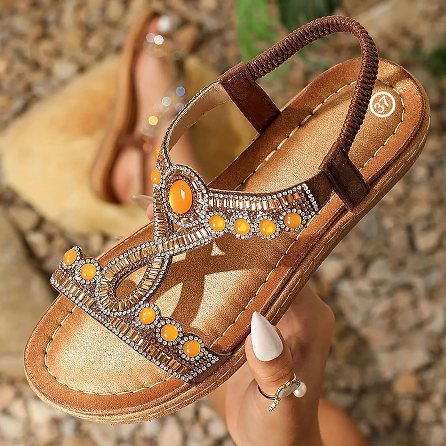 SuanlaTDS Womens Flat Sandals Dressy Rhinestone T-strap Open Toe Low Wedges Heel Elastic Ankle Strap Slip-on Slides 2025 Summer Thick Sole Boho Beach Shoes Party Wedding Bride Flats Sandal