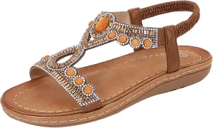 SuanlaTDS Womens Flat Sandals Dressy Rhinestone T-strap Open Toe Low Wedges Heel Elastic Ankle Strap Slip-on Slides 2025 Summer Thick Sole Boho Beach Shoes Party Wedding Bride Flats Sandal
