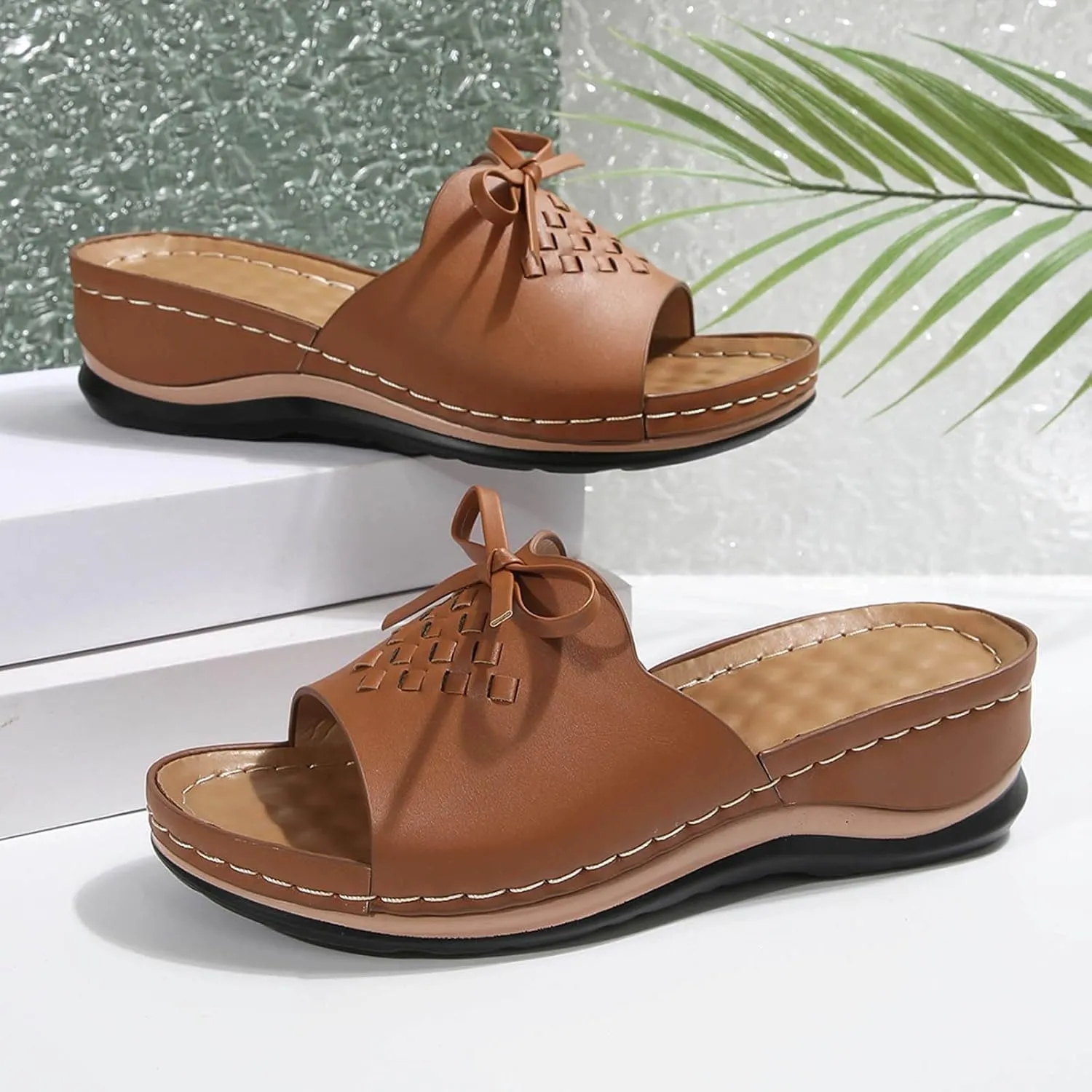 SuanlaTDS Womens Orthopedic Sandals Wedge Platform Arch Support Dressy Summer 2025 Comfortable Wide Width Open Toe Slip-on Slides Slippers Low Heel Wedges Flip Flops Outdoor Walking Sandal