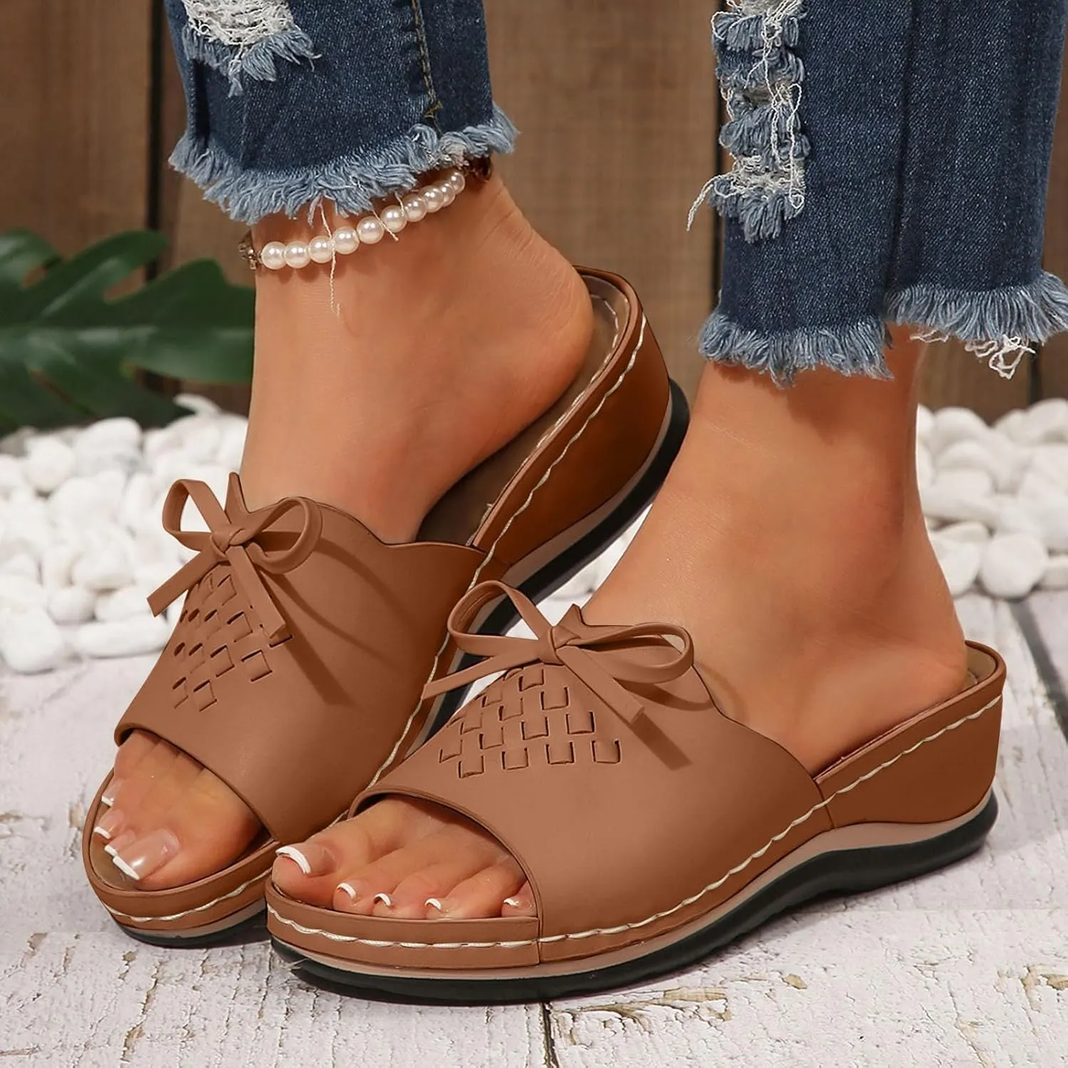 SuanlaTDS Womens Orthopedic Sandals Wedge Platform Arch Support Dressy Summer 2025 Comfortable Wide Width Open Toe Slip-on Slides Slippers Low Heel Wedges Flip Flops Outdoor Walking Sandal