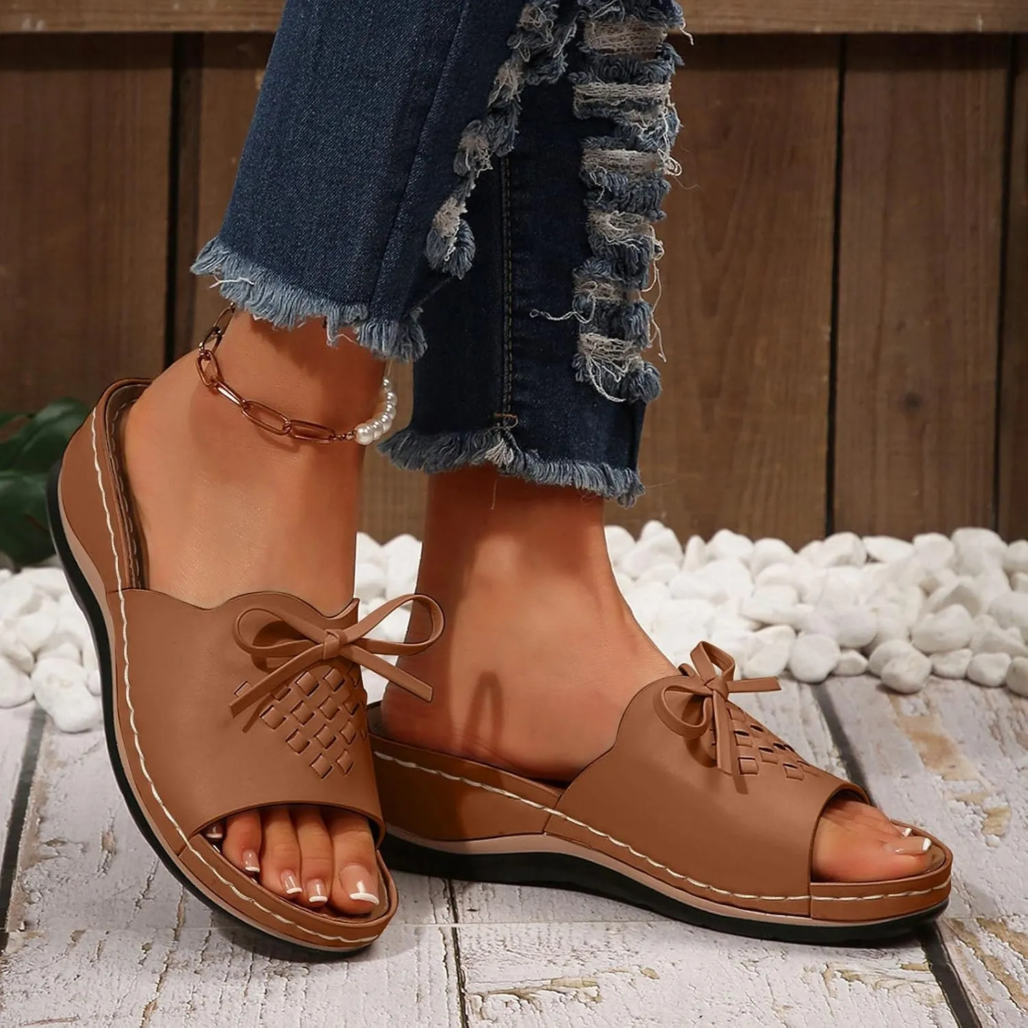 SuanlaTDS Womens Orthopedic Sandals Wedge Platform Arch Support Dressy Summer 2025 Comfortable Wide Width Open Toe Slip-on Slides Slippers Low Heel Wedges Flip Flops Outdoor Walking Sandal