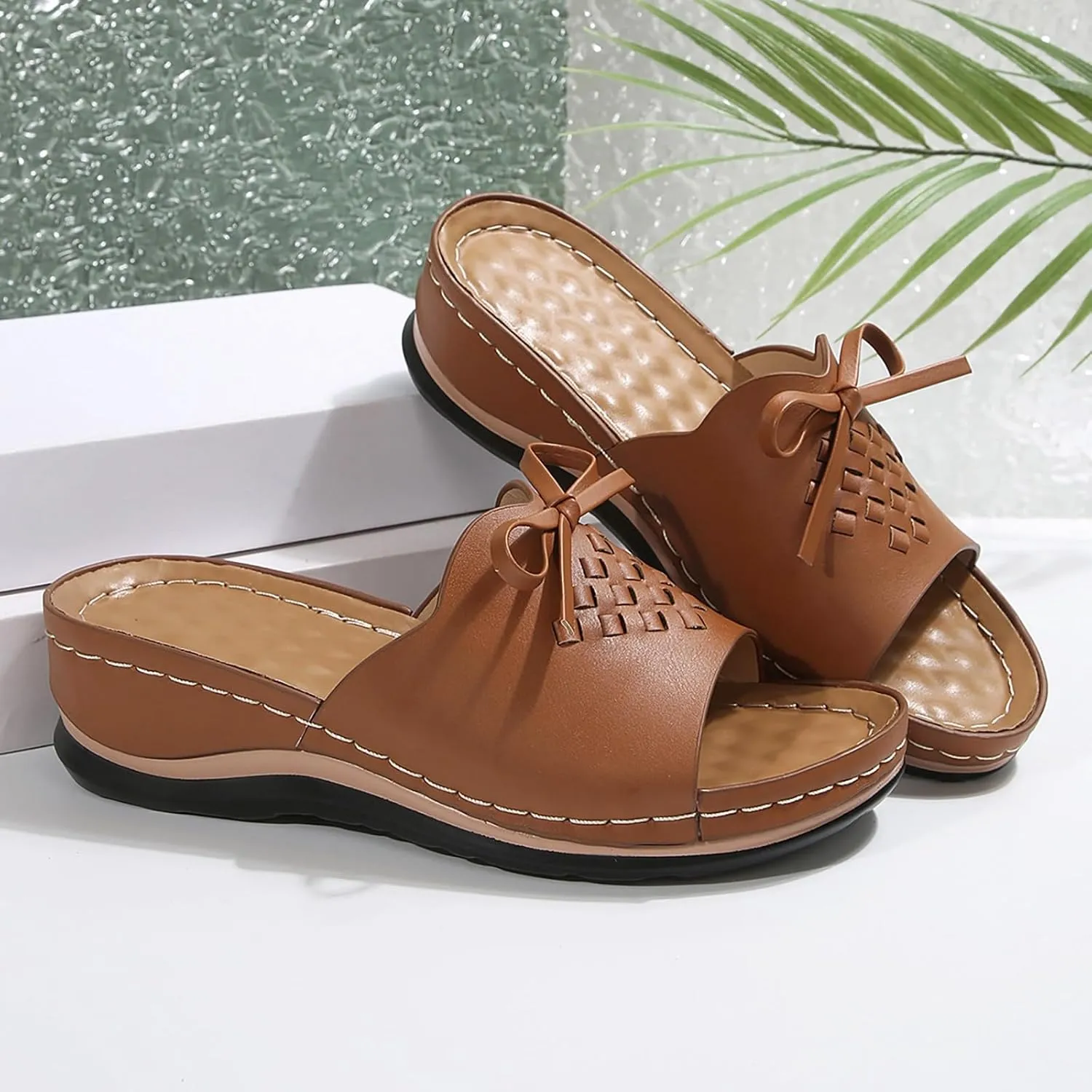 SuanlaTDS Womens Orthopedic Sandals Wedge Platform Arch Support Dressy Summer 2025 Comfortable Wide Width Open Toe Slip-on Slides Slippers Low Heel Wedges Flip Flops Outdoor Walking Sandal