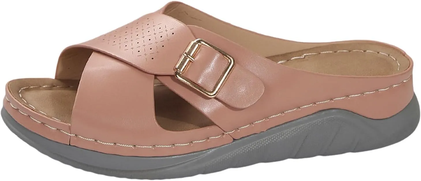 SuanlaTDS Women's Orthotic Wedge Sandals Crisscross Buckle Open Toe Slip-on Slides Platform Summer Dressy Daily Wear Arch Support Flat Beach Boho Comfortable Outdoor Sandal Walking Slippers