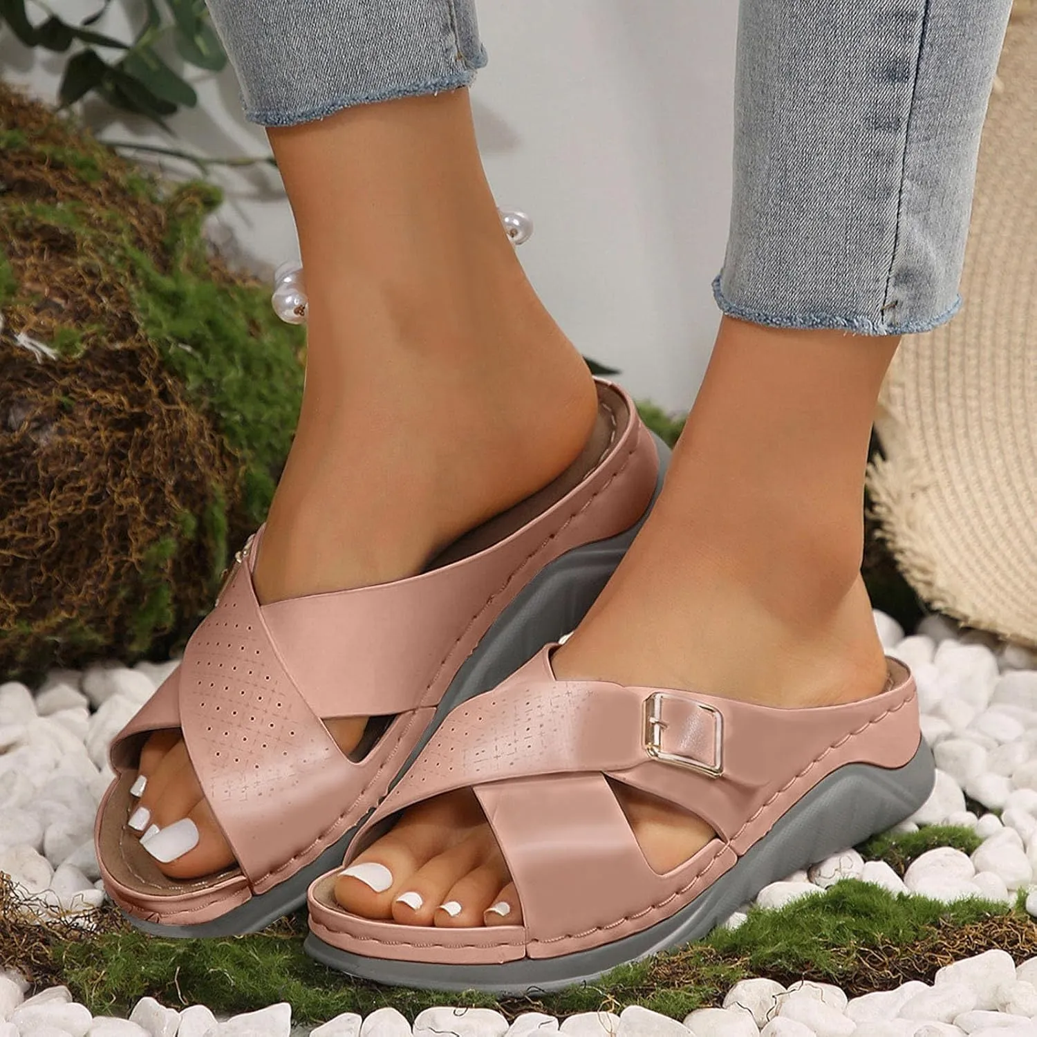 SuanlaTDS Women's Orthotic Wedge Sandals Crisscross Buckle Open Toe Slip-on Slides Platform Summer Dressy Daily Wear Arch Support Flat Beach Boho Comfortable Outdoor Sandal Walking Slippers