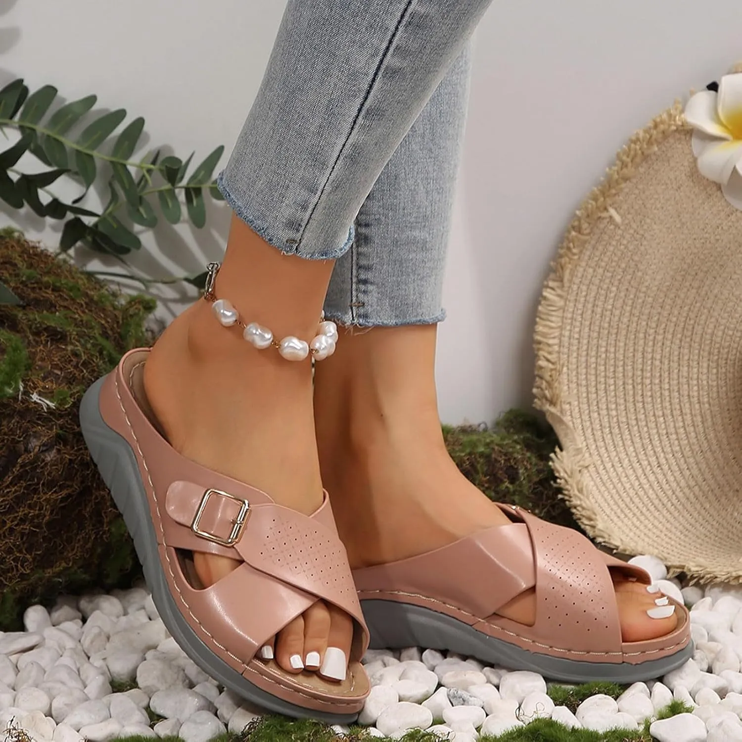 SuanlaTDS Women's Orthotic Wedge Sandals Crisscross Buckle Open Toe Slip-on Slides Platform Summer Dressy Daily Wear Arch Support Flat Beach Boho Comfortable Outdoor Sandal Walking Slippers