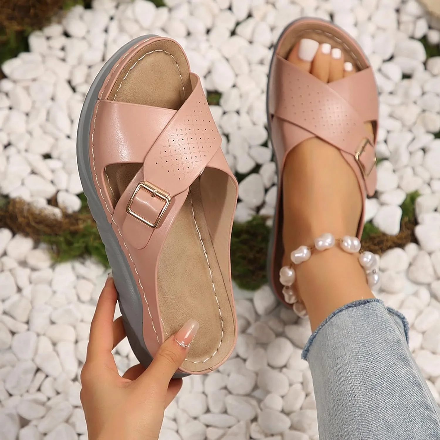 SuanlaTDS Women's Orthotic Wedge Sandals Crisscross Buckle Open Toe Slip-on Slides Platform Summer Dressy Daily Wear Arch Support Flat Beach Boho Comfortable Outdoor Sandal Walking Slippers