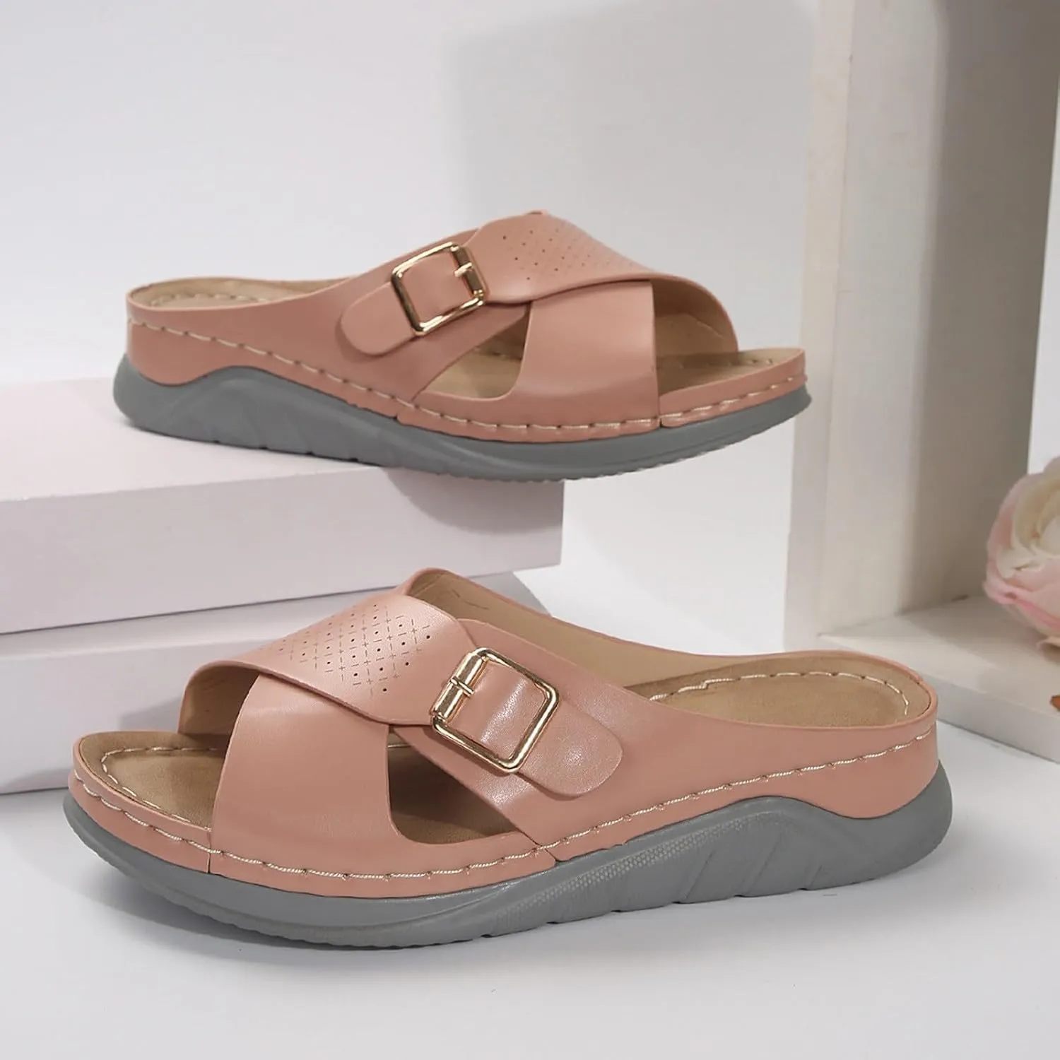 SuanlaTDS Women's Orthotic Wedge Sandals Crisscross Buckle Open Toe Slip-on Slides Platform Summer Dressy Daily Wear Arch Support Flat Beach Boho Comfortable Outdoor Sandal Walking Slippers
