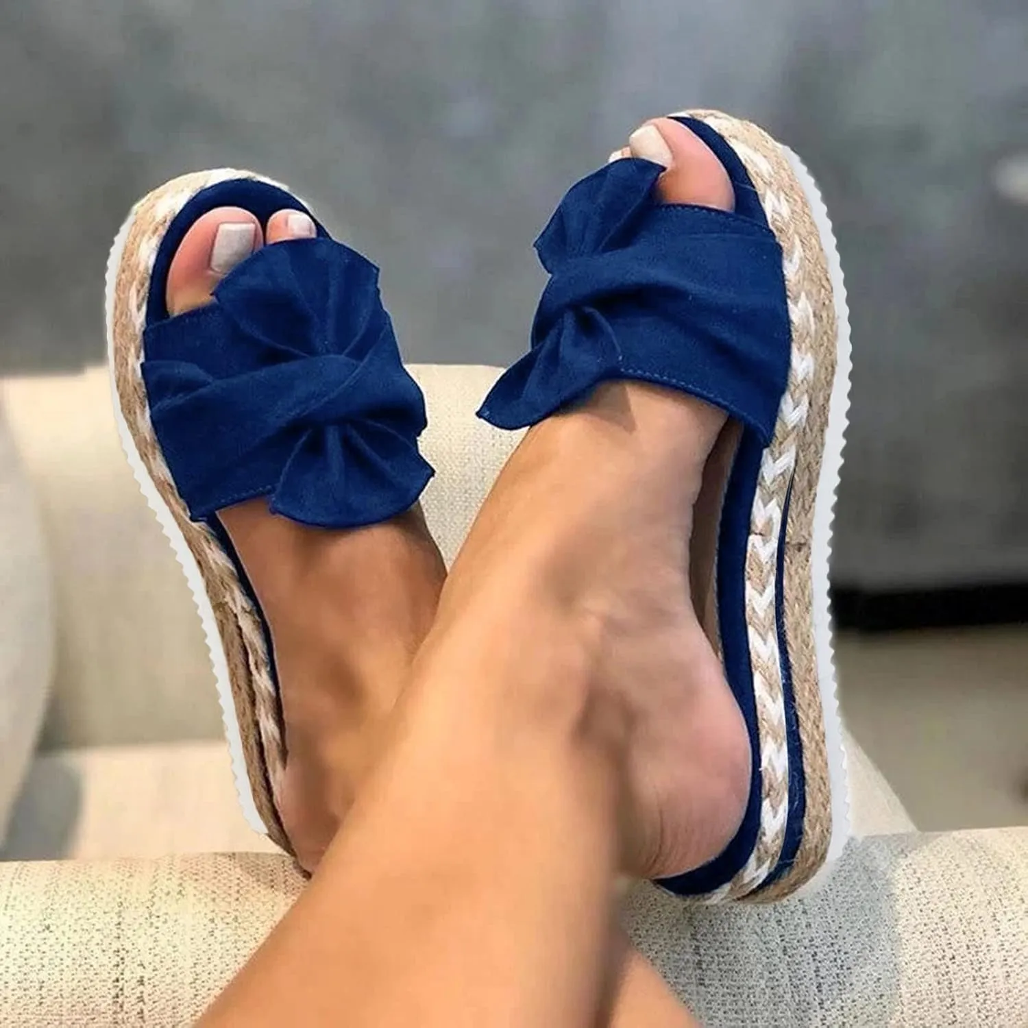SuanlaTDS Womens Platform Sandals Espadrilles Slip on Open Toe Boho Wedge Sandals Comfortable Dressy Casual Summer Low Wedges Heel Slides Sandals for Outdoor Walking Beach Vocation