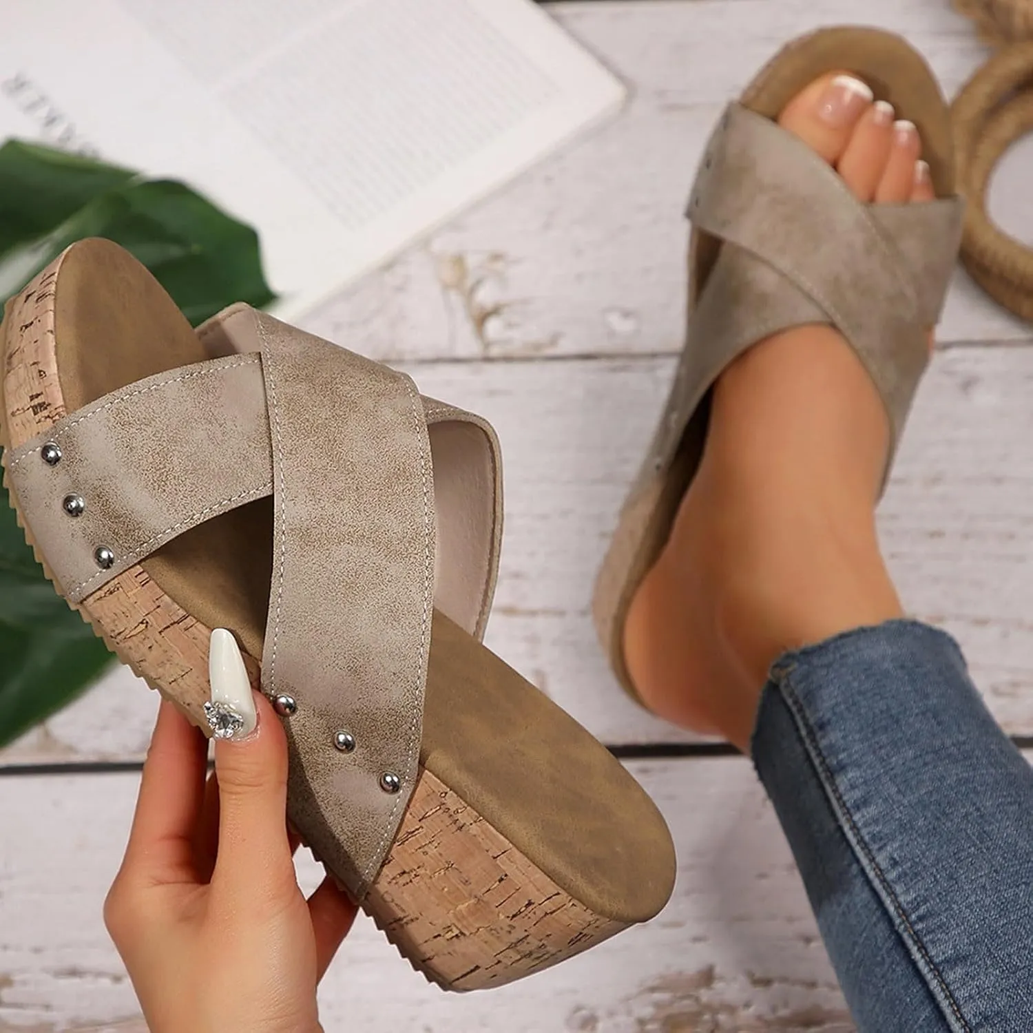 SuanlaTDS Women's Platform Wedge Sandals 2025 Summer Dressy Crisscross Open Toe Slip On Sides Outdoor Vacation Beach Shoes Walking Slippers High Heels Wedges Slide Sandal for Party