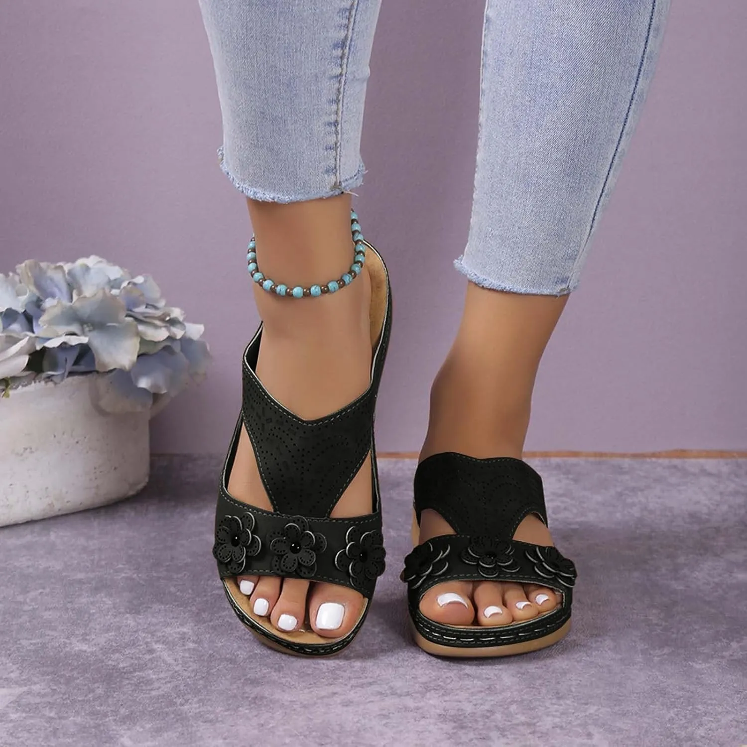SuanlaTDS Womens Sandals Comfortable Platform Wedge Orthopedic with Arch Support Open Toe Slip On Slide Sandals Summer Beach Sandal Slippers Low Wedges Heels Outdoor Walking Shoes