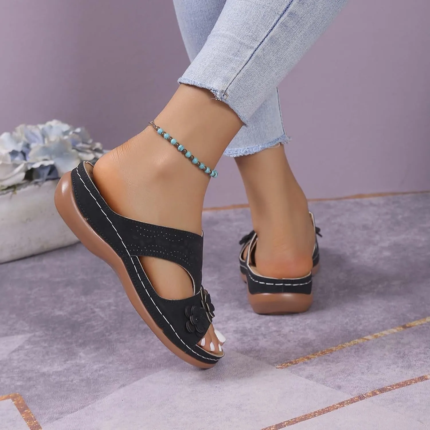 SuanlaTDS Womens Sandals Comfortable Platform Wedge Orthopedic with Arch Support Open Toe Slip On Slide Sandals Summer Beach Sandal Slippers Low Wedges Heels Outdoor Walking Shoes