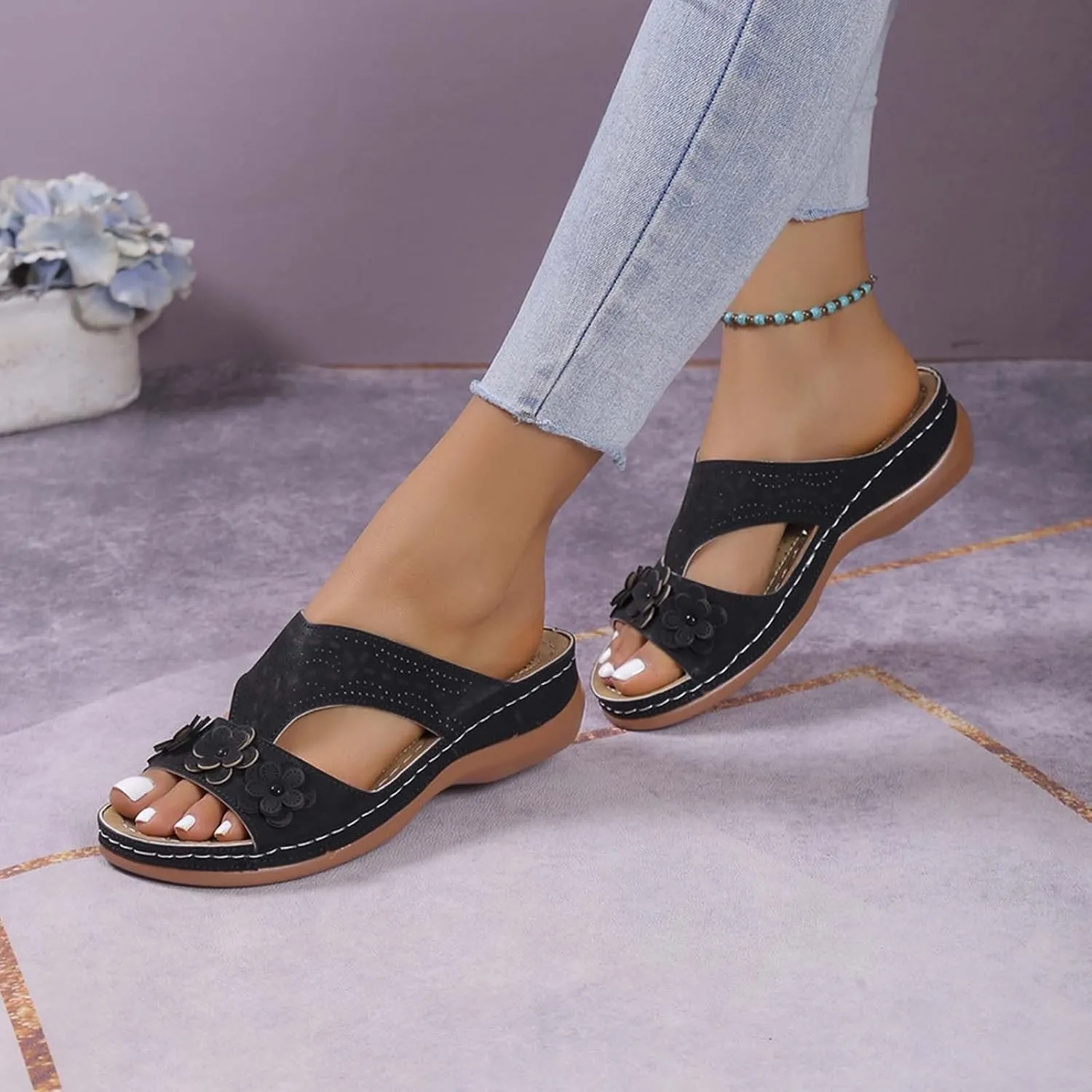 SuanlaTDS Womens Sandals Comfortable Platform Wedge Orthopedic with Arch Support Open Toe Slip On Slide Sandals Summer Beach Sandal Slippers Low Wedges Heels Outdoor Walking Shoes