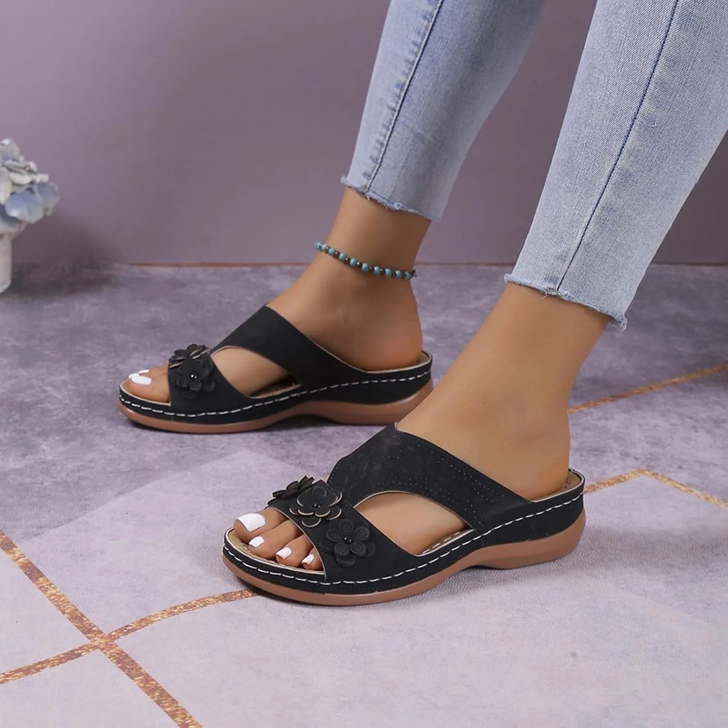 SuanlaTDS Womens Sandals Comfortable Platform Wedge Orthopedic with Arch Support Open Toe Slip On Slide Sandals Summer Beach Sandal Slippers Low Wedges Heels Outdoor Walking Shoes