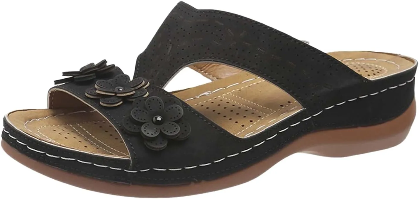 SuanlaTDS Womens Sandals Comfortable Platform Wedge Orthopedic with Arch Support Open Toe Slip On Slide Sandals Summer Beach Sandal Slippers Low Wedges Heels Outdoor Walking Shoes