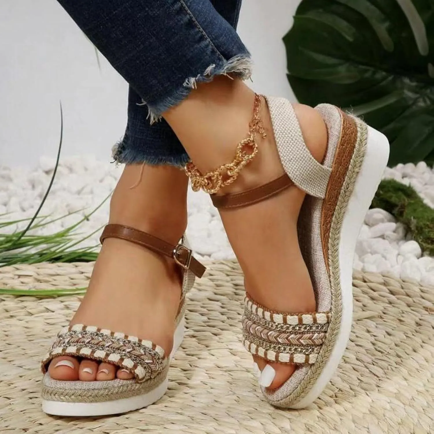 SuanlaTDS Women's Wedge Sandals Platform Espadrilles Buckl-e Ankle Strap Open Toe Mid Heel Slingback Summer Shoes Comfortable Casual Dressy Boho Beach Outdoor Walking Wedges Sandal
